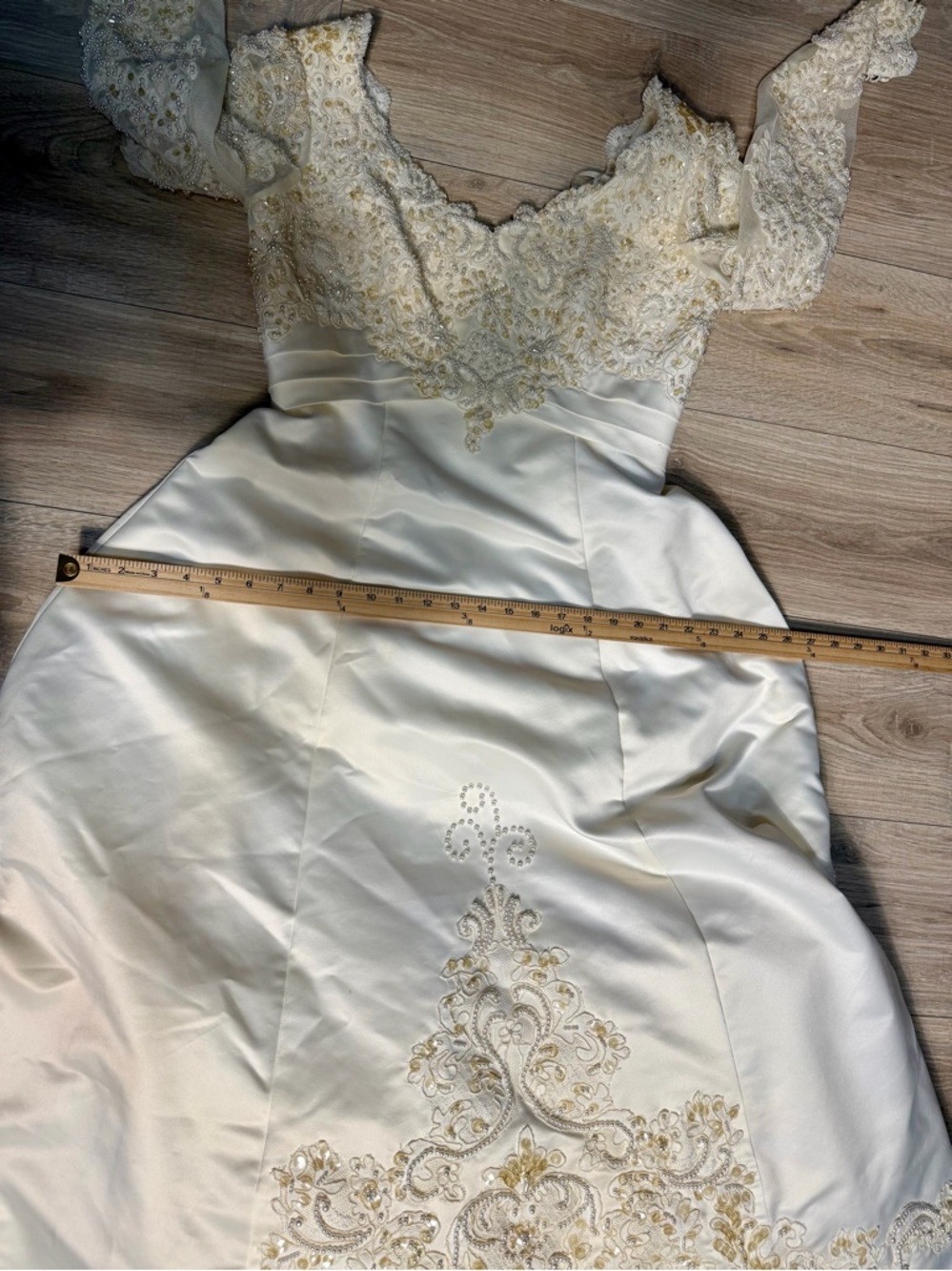 Ivory Off-Shoulder Wedding Dress with Gold Embroidery + Veil & Bouquet - Picture 15 of 16